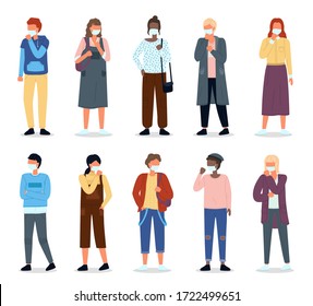 Multinational women and man wearing face medical masks. Viral pandemia. People in protective masks at white. Vector cartoon characters. Coronavirus 2019-ncov flu. Respiratory protection virus pandemia