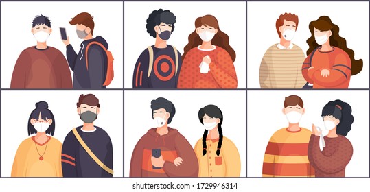 Multinational women and man wearing face medical masks. Viral pandemia. People in protective masks at white. Vector cartoon characters. Coronavirus 2019-ncov flu. Respiratory protection virus pandemia