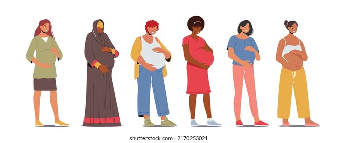 Multinational Women Pregnancy and Motherhood Concept. Diverse Pregnant Mothers with Big Belly Isolated on White Background. Female Characters Prepare for Maternity. Cartoon People Vector Illustration