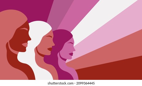 Multinational women silhouettes with rays of flag lesbian. Proud gay girls looking to bright future lgbt. Struggle for tolerance and vector transgender equality