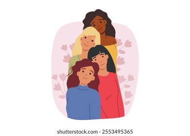 Multinational women stand together among spring flowers and congratulate you on international women day. Group of girls from feminist community advocating for equality and non-discrimination