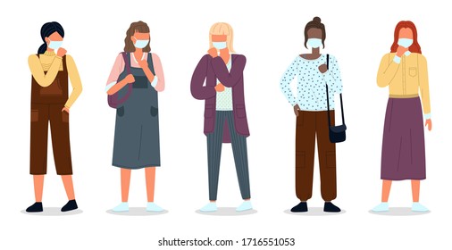 Multinational women wearing face medical masks. Viral pandemia. People in protective masks at white. Vector cartoon characters. Coronavirus 2019-ncov flu. Respiratory protection virus pandemia