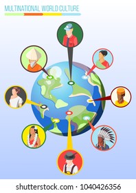 Multinational world culture isometric design concept with round icons of people in different national costumes connected to  native countries on globe image vector illustration