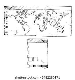 Multinational world id document, plane train ferry ticket coupon permit with map. Vector ink hand drawn vintage illustration. Design for tourism, travel, brochure, wedding, guide, print, card tattoo.