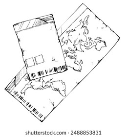 Multinational world id document, plane train ferry ticket coupon permit with map. Vector ink hand drawn vintage illustration. Design for tourism, travel, brochure, wedding, guide, print, card tattoo.