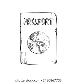 Multinational world passport id official document with gold letters and globe. Vector ink hand drawn illustration of isolated object. Design for tourism, travel, brochure, guide, print, card, tattoo