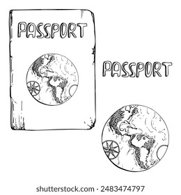 Multinational world passport id official document with gold letters and globe. Vector ink hand drawn illustration of isolated object. Design for tourism, travel, brochure, guide, print, card, tattoo