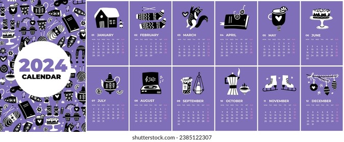 Multipage Calendar template for 2024. Vertical design doodles of four seasons activities. Editable pages with vector black and white illustrations, set of 12 months with cover. Week starting on Monday