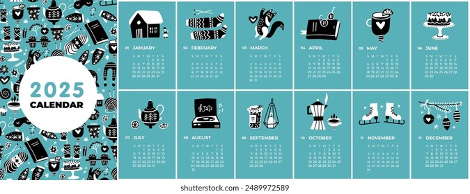 Multipage Calendar template for 2025. Vertical doodles of four seasons activities. Editable pages with vector black and white illustrations on blue, set of 12 months with cover.Week starting on Sunday