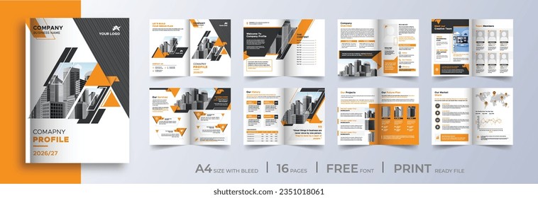 Multipage company profile business brochure design layout, Corporate brochure editable template with cover page, minimalist A4 16 pages brochure design with modern concept