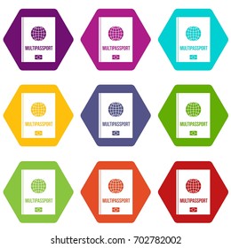 Multipassport icon set many color hexahedron isolated on white vector illustration