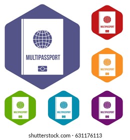Multipassport icons set hexagon isolated vector illustration