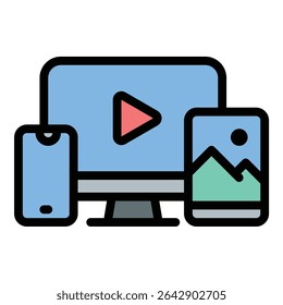 Multiplatform icon flat line style illustration representing compatibility across various devices and operating systems, suitable for app development, software, and digital service-related projects