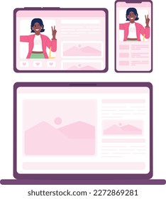 Multiplatform software semi flat color vector device screens set. Editable icons. Full sized elements on white. Simple cartoon style spot illustrations pack for web graphic design and animation