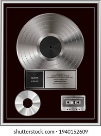 Multi-Platinum Sales Award. Platinum Or Silver Vinyl Or CD Prize Award With Label In Black And Silver Frame. Vector Illustration.