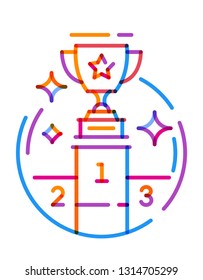 Multiplay icon line trophy cup on the podium. Vector illustration on white background