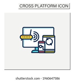 Multiplayer color icon. Technical devices. Wi- fi, computer, phone. Synchronically. Wireless equipment. Cross platform multiplayer. Digitalization concept. Isolated vector illustration