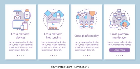 Multiplayer game onboarding mobile app page screen with linear concepts. Cross platform online synchronization walkthrough steps graphic instructions. UX, UI, GUI vector template with illustrations
