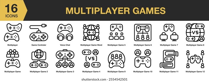 Multiplayer Games icon set. Includes game controller, voice chat, and More. Outline icons vector collection.