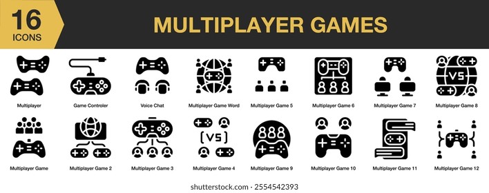 Multiplayer Games solid icon set. Includes game controller, voice chat, and More. Solid icons vector collection.