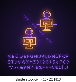 Multiplayer video game neon light icon. Esports competition. Networking technology. Video game tournament. Teamwork. Glowing sign with alphabet, numbers and symbols. Vector isolated illustration