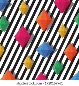 Multiple 3d diamond shapes against striped lines on white background vector. background with abstract texture and shapes concept