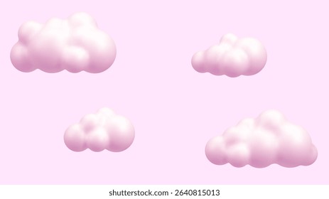 Multiple 3d render pink clouds floating on a pink background. Cute concept for dreamscapes and sky themes. Vector graphics.