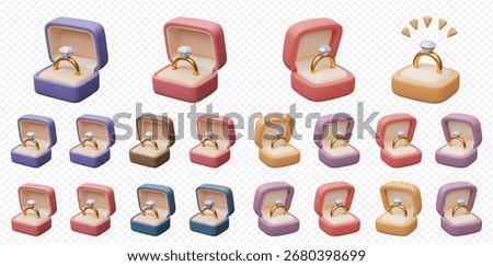 Multiple 3D renderings of diamond engagement rings nestled inside various pastel-colored jewelry boxes.  The boxes are shown in different angles and colors.
