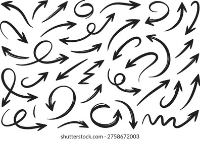 Multiple abstract arrows and curved loop symbols arranged randomly on transparent background