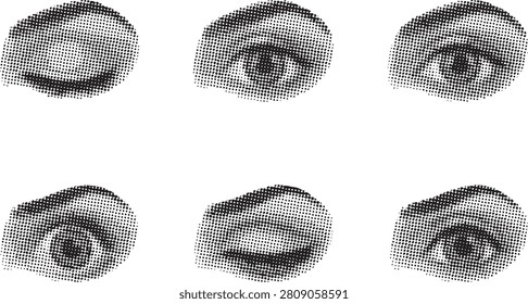 Multiple abstract eyes, halftone texture, repetitive pattern, fragmented imagery, surreal feel.