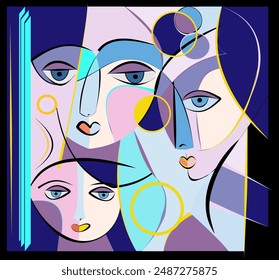 Multiple abstract faces  blue, pink, and yellow, adorned with geometric patterns and intersecting lines. Different expressions are captured on each face, showcasing a blend of emotions 