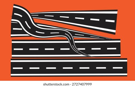 Múltiples carreteras abstractas se fusionan y se tuercen contra un vibrante telón de fondo naranja, simbolizando viajes y opciones complejas.