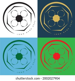 Multiple abstract sports logo with football pattern in the center. Soccer club or tournament icon with curved text.Celebration banner idea or design.
