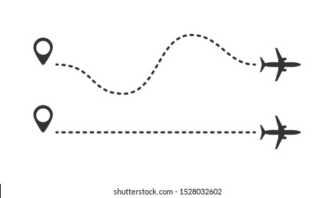 Multiple aircraft routes with dotted lines. Traveler tracks marked with dotted lines. Aircplane tracking on route on white background