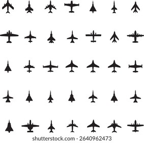 Multiple aircraft silhouettes are displayed in a grid format, highlighting a range of aircraft types from commercial jets to military fighters, emphasizing unique shapes and styles.