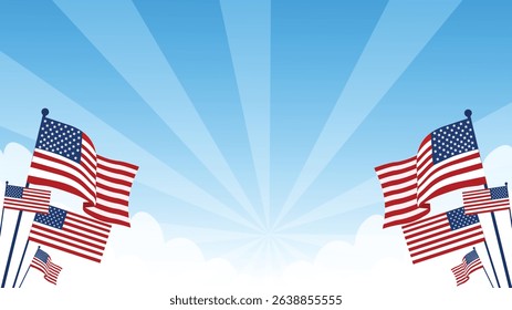 Multiple American flags in a sunrise background for patriotic 4th of July theme