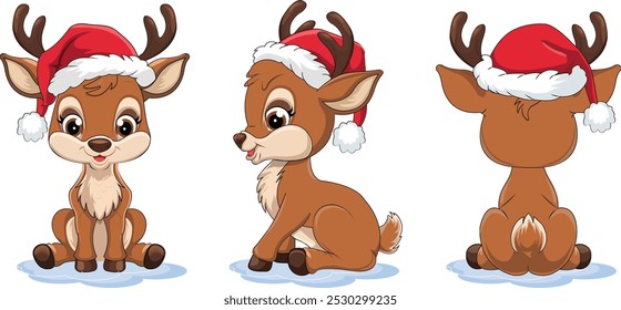 multiple Angle christmas reindeer set is sitting in a Christmas hat vector illustration