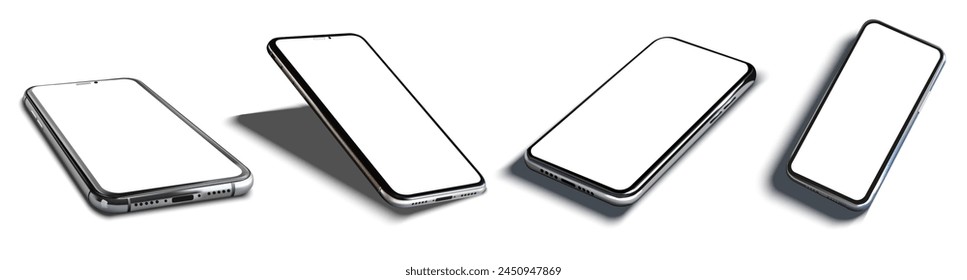 Multiple Angles of Modern Smartphone on White Background. Showcasing a contemporary smartphone from various perspectives, highlighting its sleek design and advanced features on a pure white backdrop.