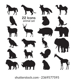 Multiple animal silhouette icon set.