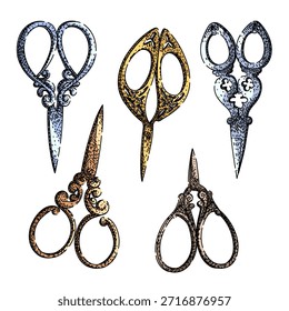 Múltiples tijeras antiguas y decorativas que representan el estilo retro, ideal para temas de artesanía, bricolaje, diseño de moda, costura o conceptos de la industria artesanal