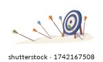 Multiple arrow missed hitting target mark isolated on white background. Fail archery goal inaccurate to purpose vector illustration. Concept of business failure, mistake strategy and loss opportunity