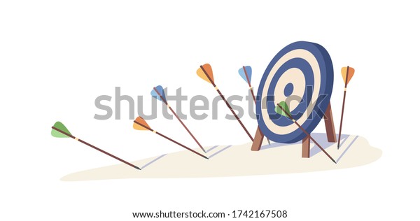 Multiple arrow missed hitting target mark\
isolated on white background. Fail archery goal inaccurate to\
purpose vector illustration. Concept of business failure, mistake\
strategy and loss\
opportunity