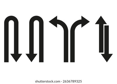 Multiple arrow set. Vector direction icons. Road choice symbol. Traffic flow sign.