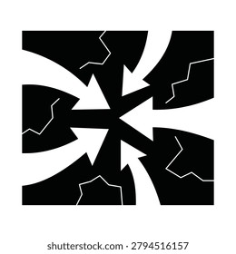 Multiple arrows pointing inward to a center point with cracked background vector icon. Represents target focus, pressure, integration, or convergence.