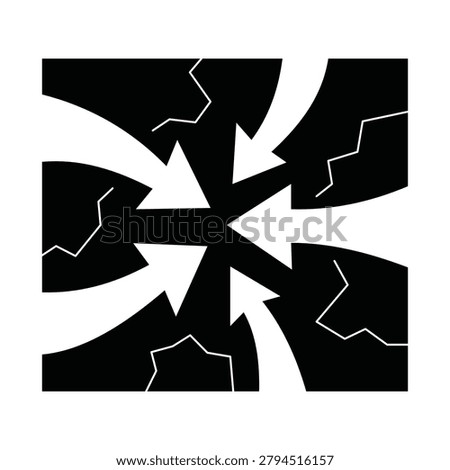 Multiple arrows pointing inward to a center point with cracked background vector icon. Represents target focus, pressure, integration, or convergence.