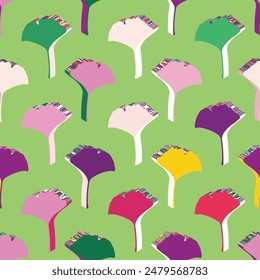 Multiple artistic musical keyboardlike instruments creatively arranged in a colorful pattern on green background