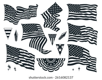 Multiple artistic renditions of US flags are displayed showcasing different styles and shapes. These flags feature varying orientations and embellishments perfect for celebrations.