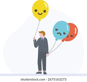 Multiple balloons with expressions and a businessman