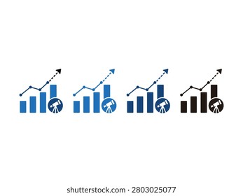Multiple bar charts showing upward trends with a telescope icon indicating future financial projections and analysis.