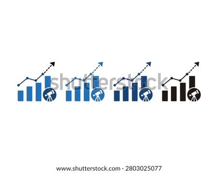 Multiple bar charts showing upward trends with a telescope icon indicating future financial projections and analysis.